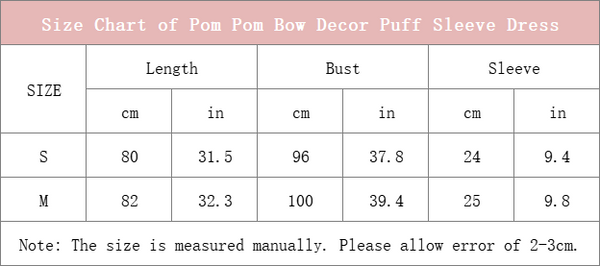size chart of pom pom bow decor puff sleeve white dress