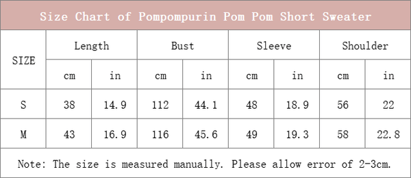 size chart of pompompurin Pom Pom Short Sweater