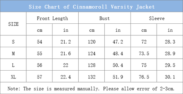 size chart of cinnamoroll blue varsity jacket