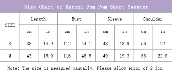 Size Chart of Kuromi Pom Pom Short Sweater