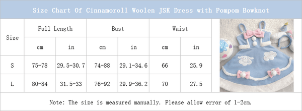 Size Chart Of Cinnamoroll Woolen JSK Dress with Pompom Bowknot