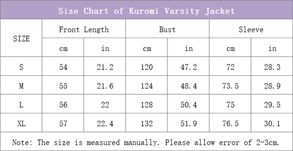 size chart of kuromi purple varsity jacket
