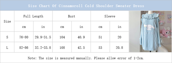 Size Chart Of Cinnamoroll Cold Shoulder Sweater Dress