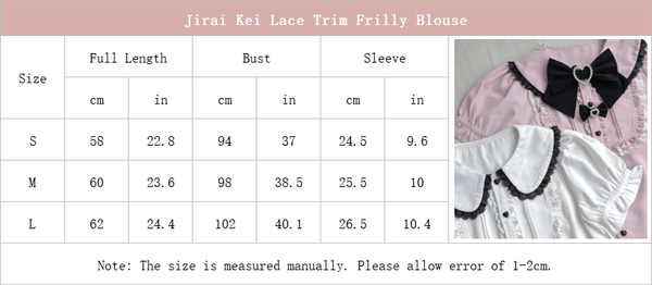 size chart of jirai kei frilly blouse
