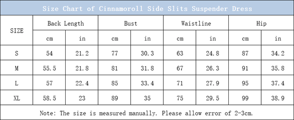 Size Chart of Cinnamoroll Side Slits Suspender Dress