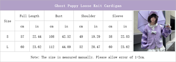 size chart of the ghost puppy cardigan