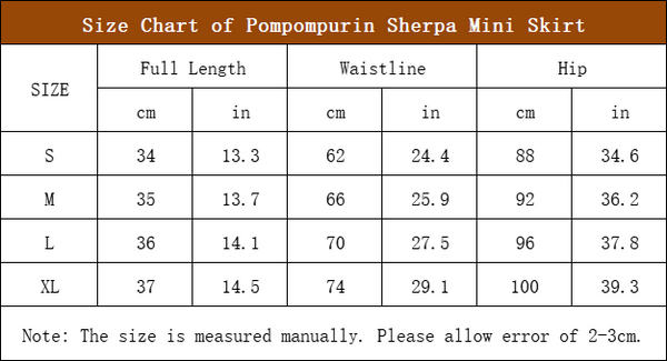 size chart of pompompurin sherpa skirt