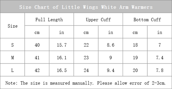 size chart of little wings white arm warmers