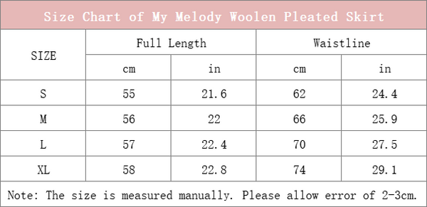size chart of my melody pleated knee length skirt