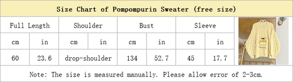 size chart of yellow pompompurin loose sweater