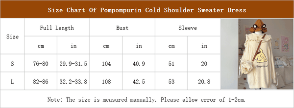 Size Chart Of Pompompurin Cold Shoulder Sweater Dress