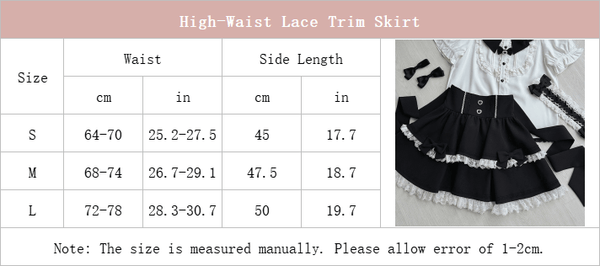 size chart of high-waisted lace trim skirt