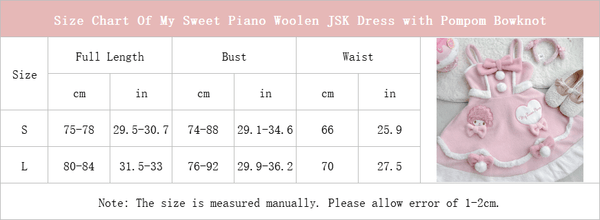 Size Chart Of My Sweet Piano Woolen JSK Dress with Pompom Bowknot