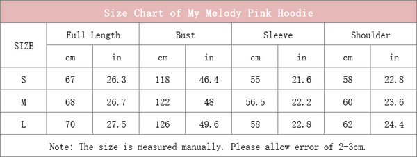 size chart of my melody pink hoodie