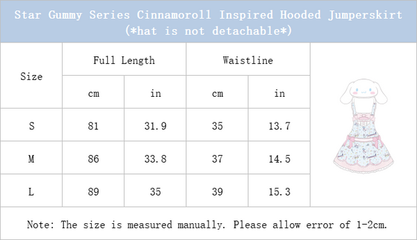 Size Chart of Star Gummy Series Cinnamoroll Inspired Hooded Jumperskirt