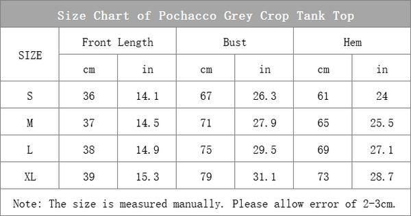 Size Chart of Pochacco Grey Crop Tank Top