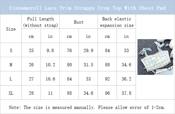 size-chart-of-Cinnamoroll-Lace-Trim-Strappy-Crop-Top